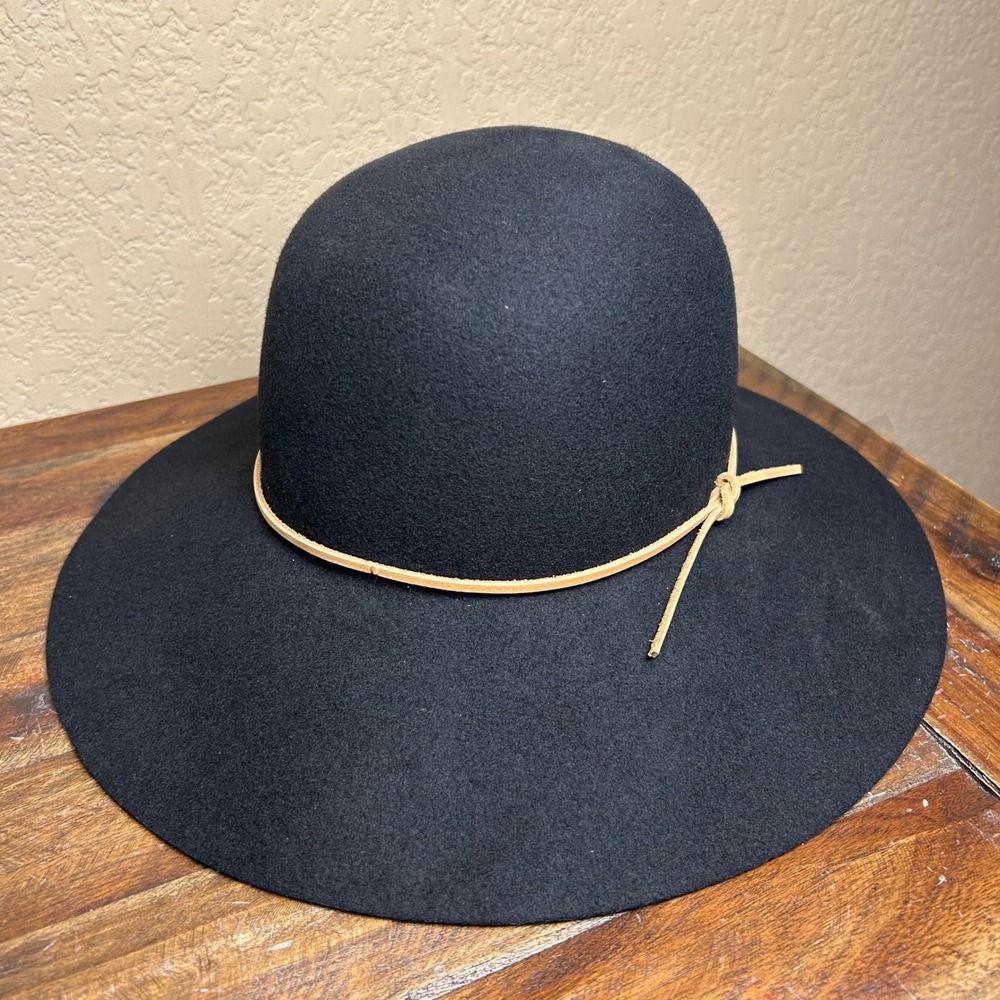Phenix Black 100% Wool Wide Brim Floppy Hat with Leather‎ Trim Tie One Size